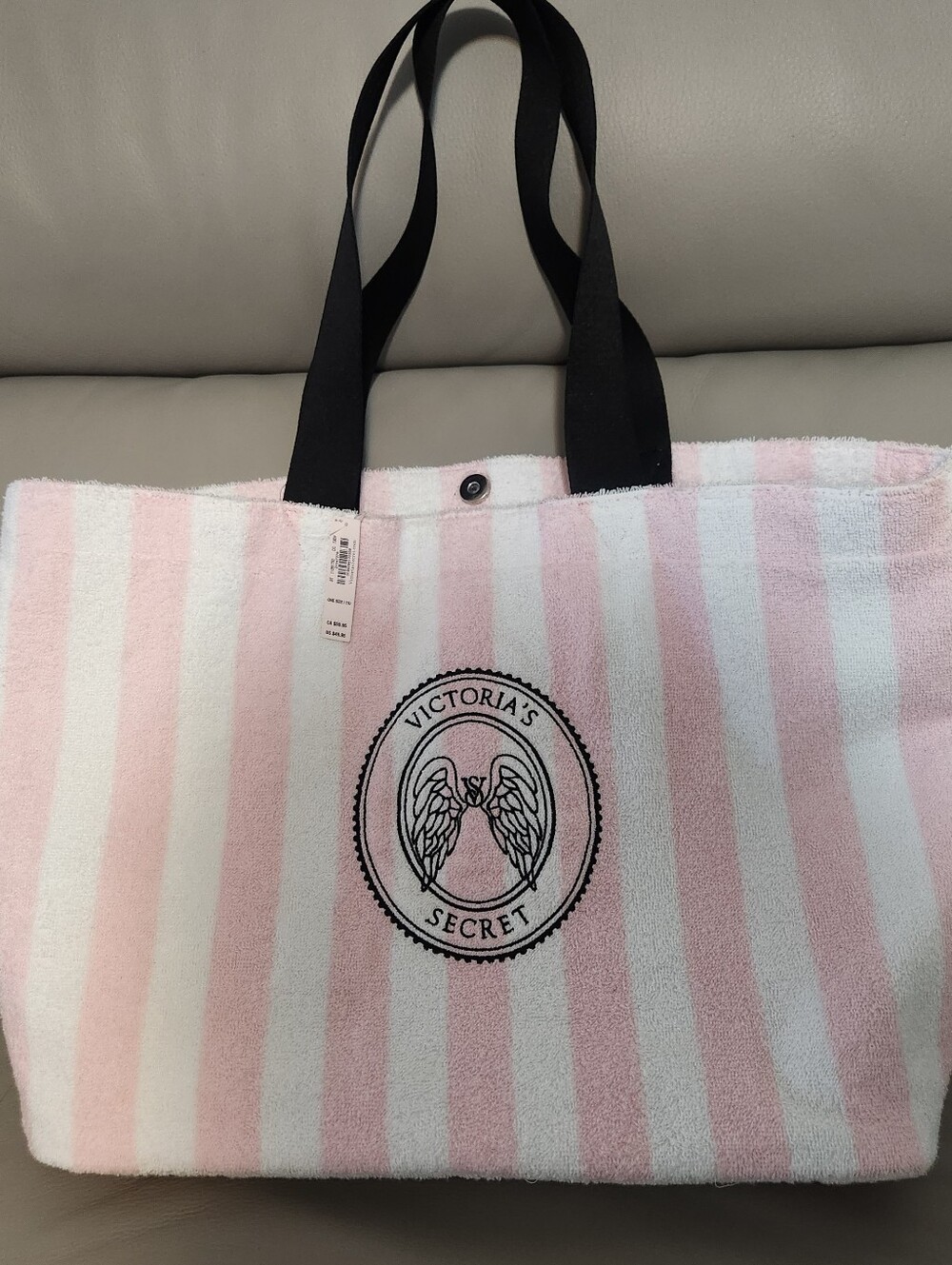 Victorias Secret Angel Pink White Black Striped Terrycloth Totebag NEW - Picture 2 of 10